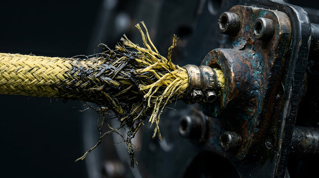 Creative damaged yellow rope, frayed cable, industrial wear, close-up texture 4K