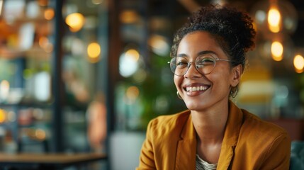 Obraz premium Professional woman wearing glasses smiles brightly while working in a vibrant office space with warm bokeh lights.