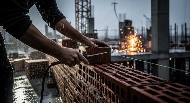 Construction Worker Building Masonry In Rainy Weather With Sparks Flying