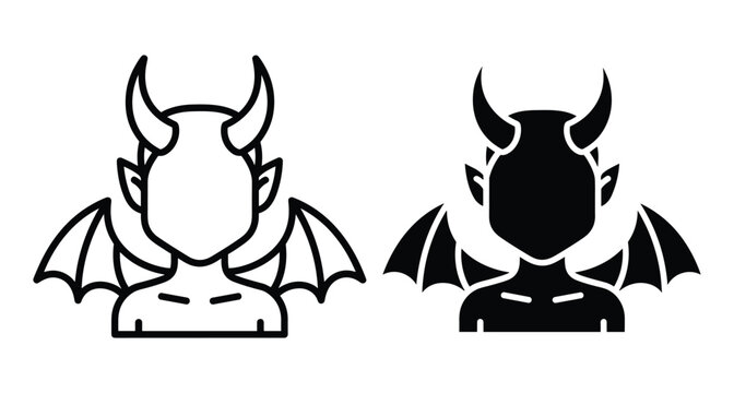 demon devil character icon set with horns and wings in line and solid black style for halloween or fantasy design