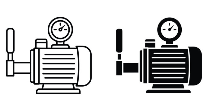 Industrial water pump motor icon set with pressure gauge manometer for plumbing engineering mechanical system equipment maintenance and technical repair