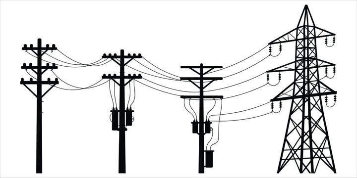 Silhouette of electrical poles and power lines on a white background Keywords: electricity, power, transmission, infrastructure, energy