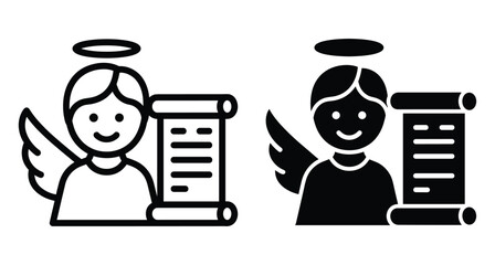 Naklejka premium Angel icon set with halo wings and scroll document representing religious messenger spiritual character divine herald in outline and solid style