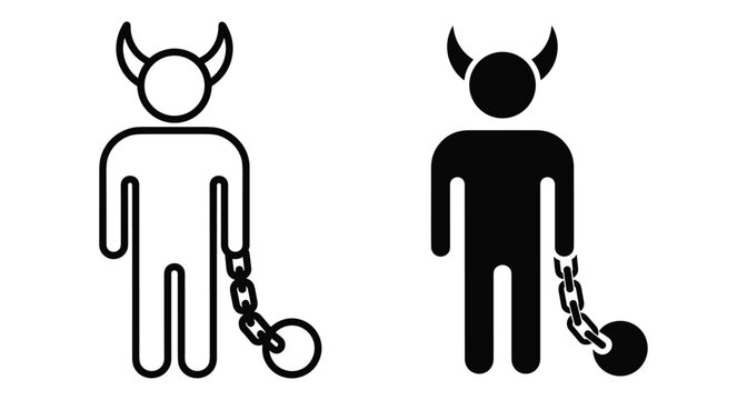 Devil man icon set with horns and ball and chain representing prisoner of sin evil character or bad behavior