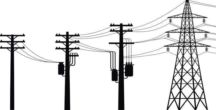 Silhouette of electrical poles and power lines on a white background Keywords: electricity, power, transmission, infrastructure, energy