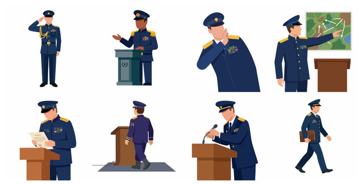 Set of military officer or general characters in blue uniform in various professional poses, including saluting, giving a speech, and strategic planning.