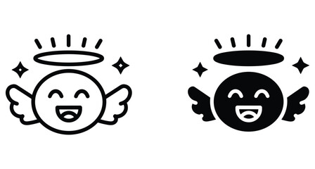 Obraz premium Angel emoji icons with halo and wings smiling face character set in outline and solid black style for graphic design