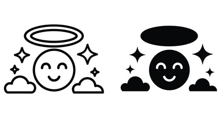 Obraz premium Angel emoji icon set with smiling face halo clouds and stars in outline and solid black glyph style for design