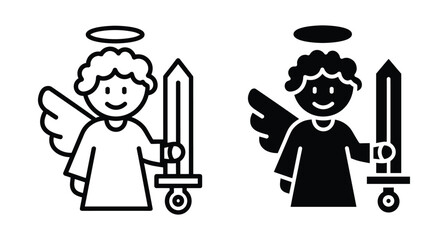Obraz premium Cute angel warrior icon set featuring a smiling cherub holding a sword with wings and halo in outline and silhouette styles