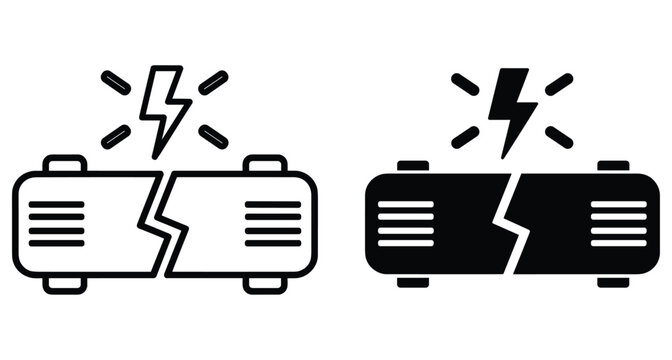 Broken skateboard icon set with lightning bolt symbol representing deck snap damage accident extreme sports equipment failure and impact crash