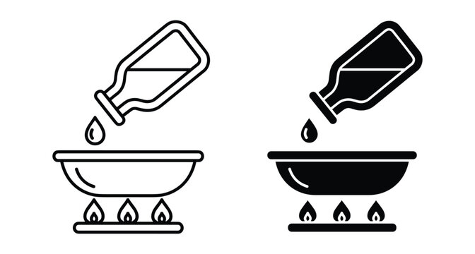 Cooking oil pouring from bottle into frying pan on gas stove burner flame kitchen culinary preparation process icon set graphic