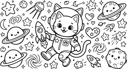 Cute space cat astronaut doodle set with planets stars and rockets for coloring book, cartoon vector illustration © Akhi Ayra