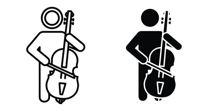 Cello player musician icon set with outline and solid silhouette styles for classical music performance orchestra concert and artistic design