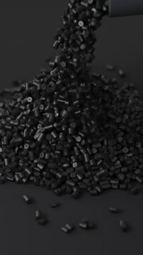 Black polypropylene plastic granules pouring from a cup onto a resin pellet pile on black background, 3D render dynamic Vertical video.