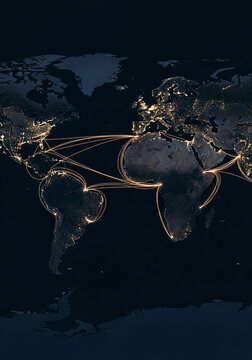 Map at night with glowing shipping routes connecting continents global