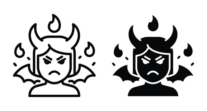 Angry female devil character icon set with horns wings and fire flames in outline and solid black silhouette styles