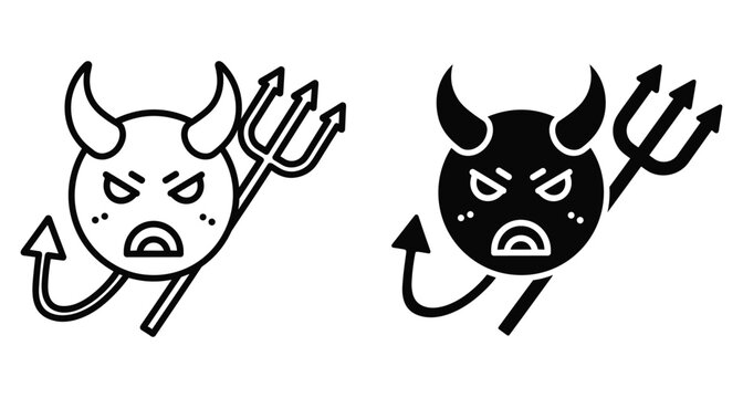 Devil demon icon set with horns pitchfork and tail featuring angry face expression in outline and solid black glyph style