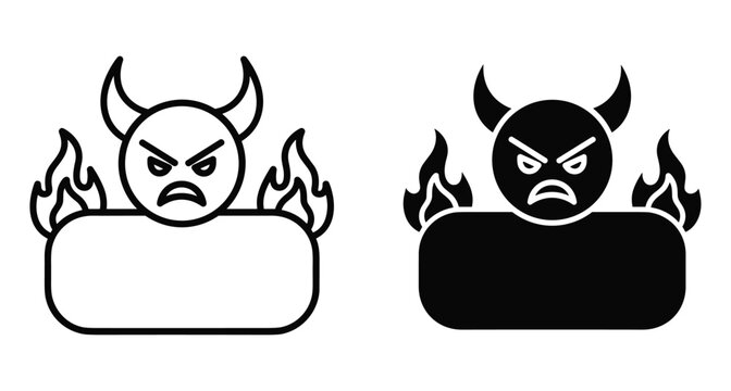 Angry devil demon character with horns and fire flames holding blank banner sign board for message in outline and solid style