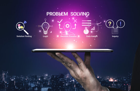Innovative Problem Solving Concept with Digital Graphics Representing Logic, Decision Processes, and Data Insights in a Night Cityscape Background Haptic.