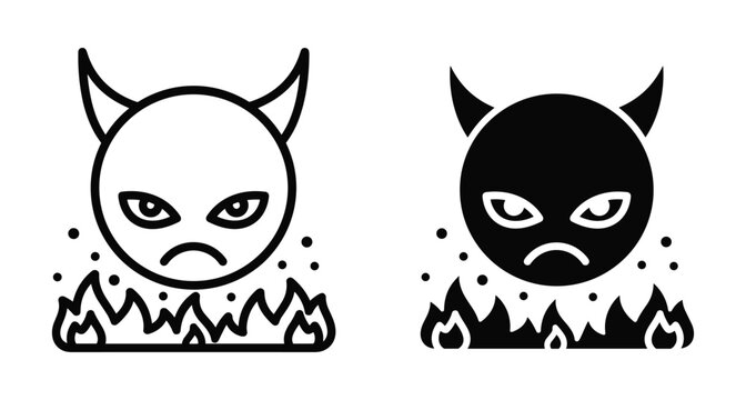 Devil head icon set with horns and flames representing anger evil hell demon monster satanic character for graphic design projects