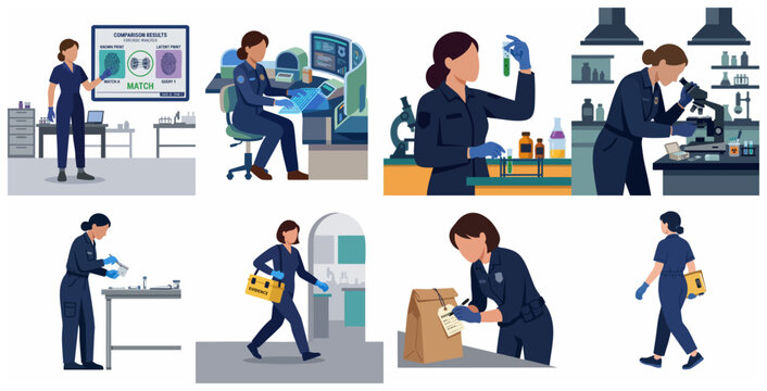 Female Forensic Scientist and Police Investigator Character Set in Laboratory and Crime Scene Scenarios