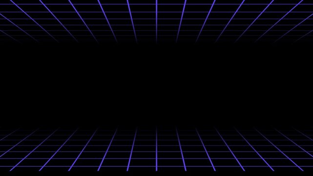 Glowing blue laser grid lines on a dark black background forming a perspective tunnel for futuristic digital retro synthwave design style