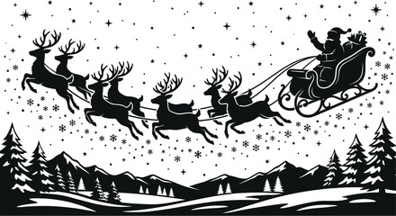 Silhouette of santa claus in a sleigh pulled by reindeer against a winter landscape with falling snow antlers arctic black and white celebration © Sourav