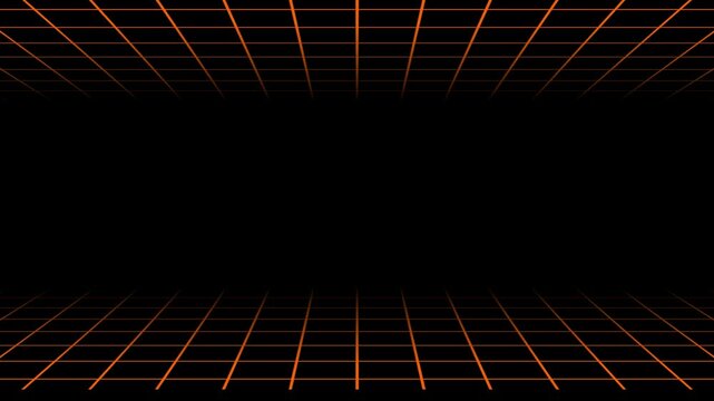 Abstract retro digital grid background with glowing orange lines in perspective forming a futuristic virtual landscape space for text or design elements