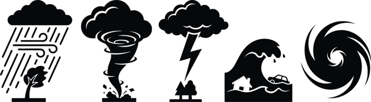 Weather phenomenon silhouettes depicting rain tornado lightning wave and swirl black on white graphic atmospheric condition black silhouette climate cloudburst cyclone destructive weather downpour
