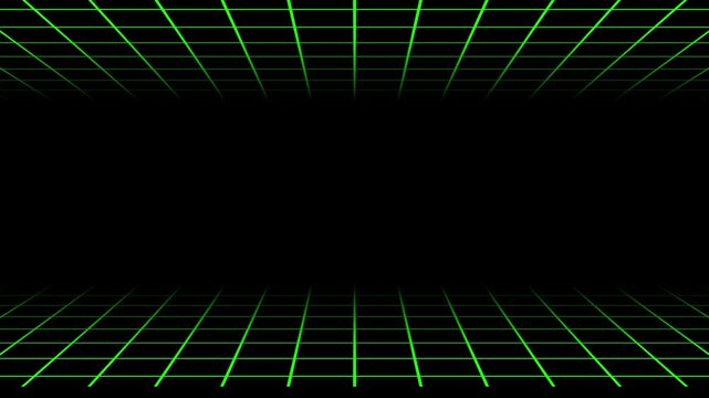 Neon green glowing grid lines in perspective on a dark black background representing a digital virtual space or retro 80s style computer environment for futuristic technology concepts