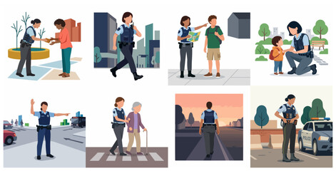 Set of Female Police Officer Illustrations Showing Community Service Scenes Like Helping Citizens Patrolling and Directing Traffic © Karbeel