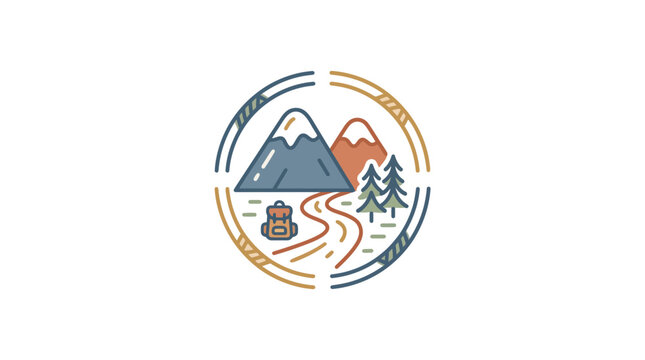 Minimalist Mountain Landscape Icon with Backpack and Trees, Adventure Travel Emblem