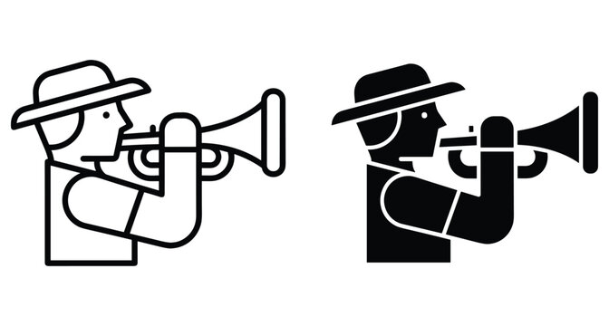 Musician playing trumpet bugle instrument wearing hat profile view minimalist line art and solid black silhouette icon set graphic design