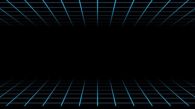 Neon blue grid lines glowing in perspective on a dark black background representing a futuristic digital space or virtual reality environment for technology design and abstract graphic art concepts