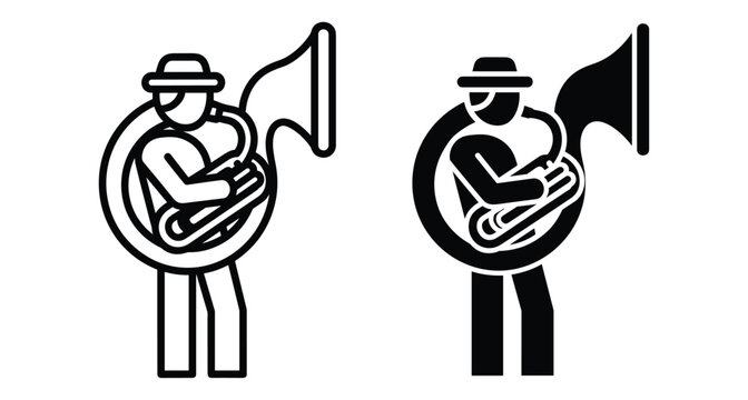 Musician playing tuba sousaphone brass instrument icon set in outline and solid black style for music band performance design elements