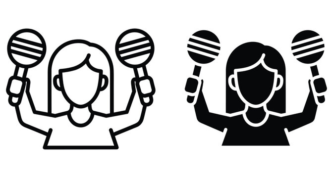Woman playing maracas icon set featuring line and solid styles for music performance celebration latin percussion instrument musician avatar design