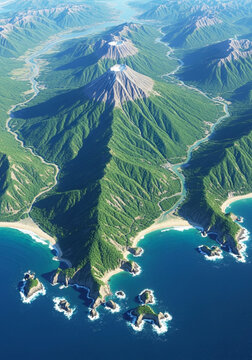 Aerial view of mount fuji, japan, snow-capped peak, green foothills, clear sky