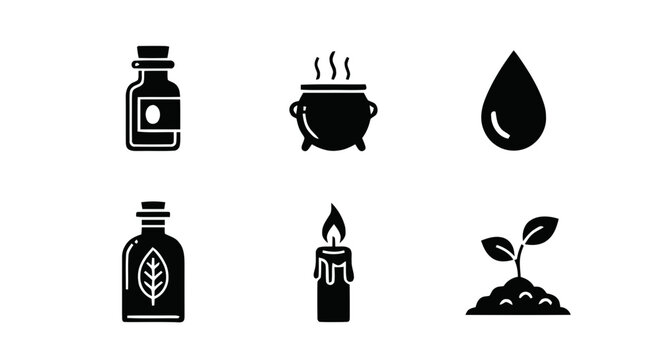 Vector illustration of set of magic and alchemy icons including potion bottles, cauldron and candle on a transparent background