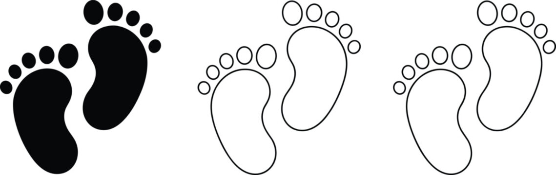 Black filled and outlined human footprint icons on white background step mark