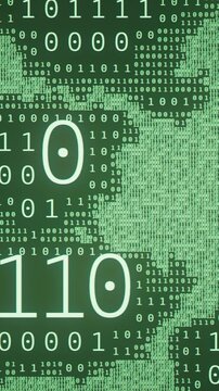 Changing binary code pattern with zeros and ones, programming and AI technology background. Vertical video.