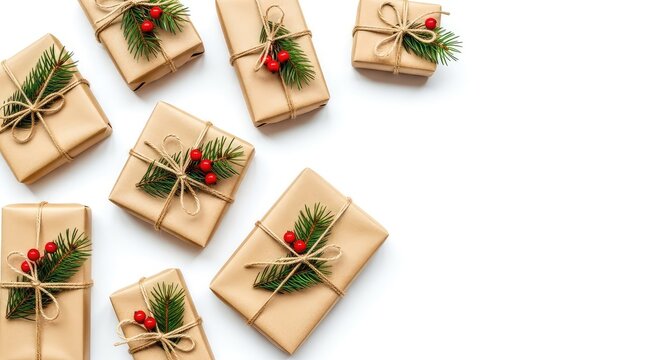 A collection of eco friendly Christmas gifts wrapped in brown kraft paper, tied with twine and decorated with fresh green pine branches, package, handmade, holiday