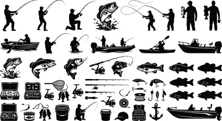 Obraz premium Fishing Silhouettes And Equipment Collection Black And White Vector Illustration