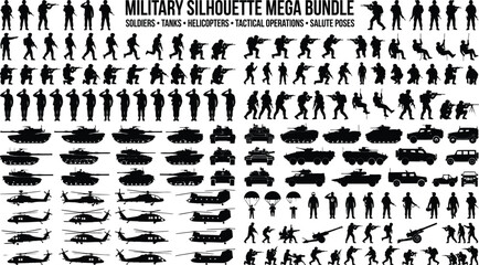 Military Silhouette Mega Bundle With Soldiers Tanks And Helicopters © Noyon