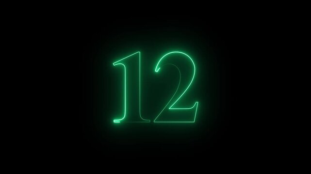 Glowing neon number 12 animation on a dark black background, bright luminous outline, smooth flickering light effect, futuristic digital style, elegant energy pulses, subtle particle sparks, cinematic