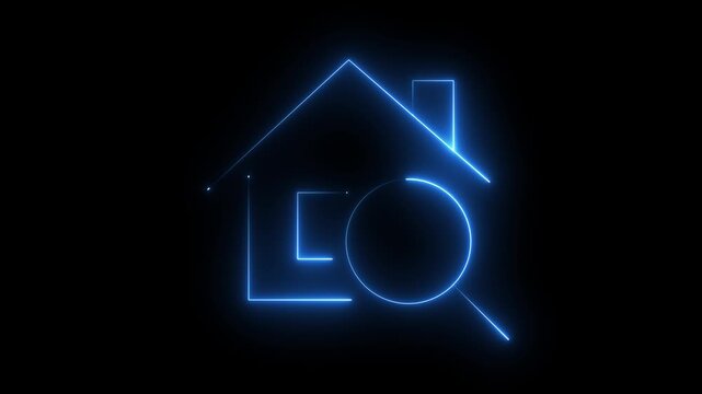 Glowing blue neon light house icon with a magnifying glass search symbol for real estate property search and residential home finding technology concepts isolated on a dark black background