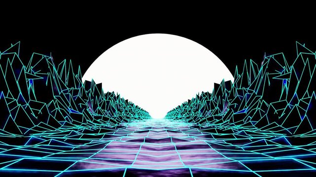 Cyberpunk and synthwave inspired technology background representing artificial intelligence, virtual reality, metaverse, data networks, innovation and futuristic computing.