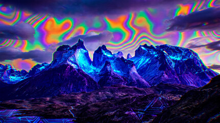 Surreal psychedelic mountain landscape with vibrant aurora sky © Vu