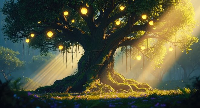 A majestic, ancient tree stands alone in a lush, ethereal paradise, bearing glowing fruit amidst thick foliage and golden light beams, light, sacred, forest