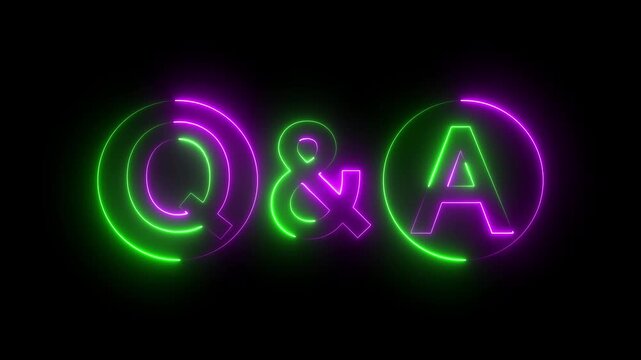 Bright neon q and a text sign glowing with vibrant green and purple colors on a dark black background representing questions and answers concept for web design and digital communication interface