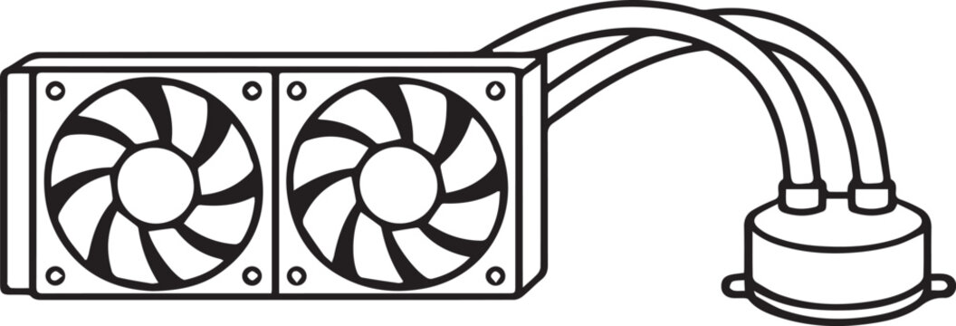 Dual-Fan AIO Liquid CPU Cooler Radiator with Pump Block and Tubing, PC Gaming Hardware Line Art black and white vector illustration
